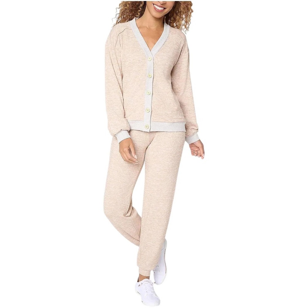 MUK LUKS Women's Brushed Sweater Button-Up Lounge Set Tan L